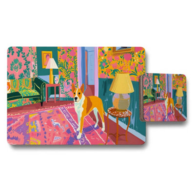 B&Q -  Colorful Dog Themed Placemats And Coasters Set For Table Decor