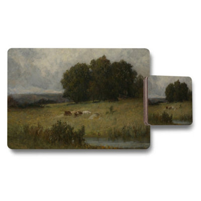 B&Q -  Pastoral Landscape Placemats And Coaster Set With Cattle Scene