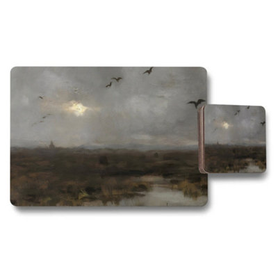B&Q -  Moody Landscape Placemat And Coaster Set With Flying Birds Artwork