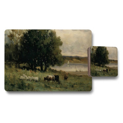 B&Q -  Pastoral Landscape Placemat And Coaster Set With Cows By River
