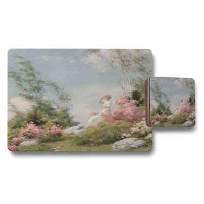 B&Q -  Floral Garden Scene Placemats And Coaster Set With Pink Blooms