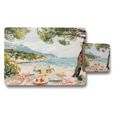 B&Q -  Seaside Beach Scene Placemats And Coaster Set For Dining Table