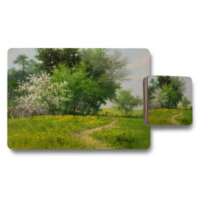 B&Q -  Garden Landscape Placemat And Coaster Set With Floral Meadow Scene