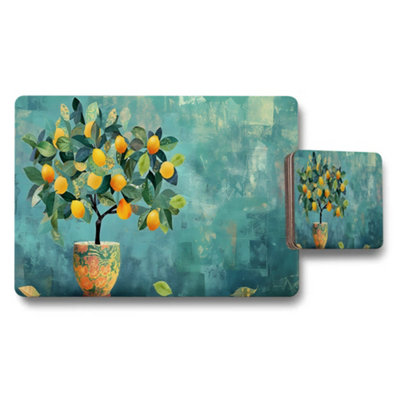 B&Q -  Lemon Tree In Vase Artwork Placemat And Coaster Set