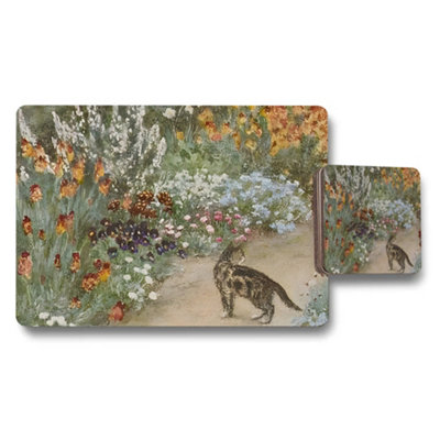 B&Q -  Garden Path Floral Placemats And Coaster Set With Dog In Pathway