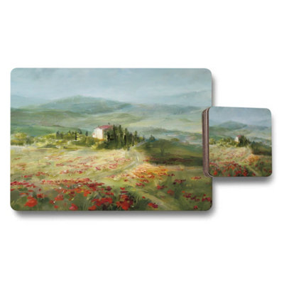 Benjamin Tate Design Landscape Field Placemats And Coaster Set With Red Poppy Flowers