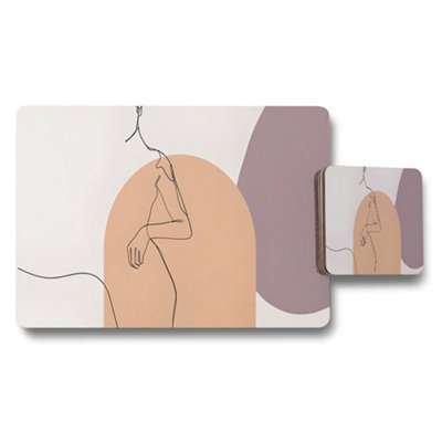 B&Q -  Abstract Line Art Placemat And Coaster Set With Nude Figure Design
