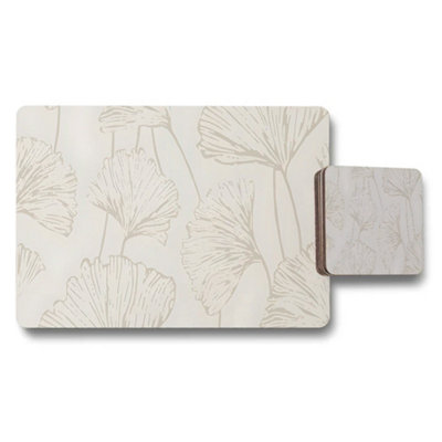 B&Q -  Ginkgo Leaf Placemats And Coaster Set In Neutral Beige