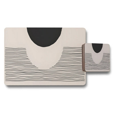 B&Q -  Abstract Line Art Placemat And Coaster Set In Beige And Black