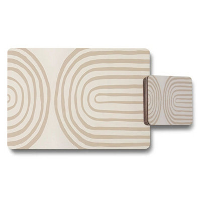 B&Q -  Abstract Beige Placemat And Coaster Set With Concentric Line Design