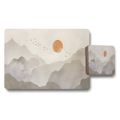 B&Q -  Mountain Landscape Placemats And Coaster Set In Beige