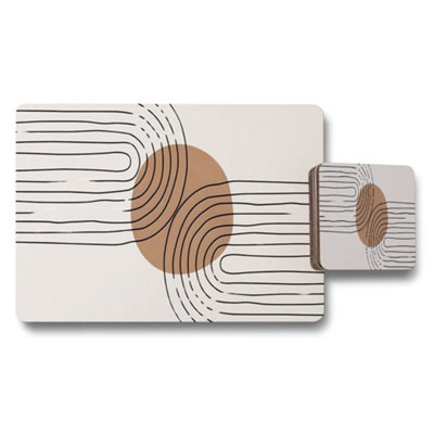 B&Q -  Modern Abstract Placemats And Coasters Set With Beige Circle Design