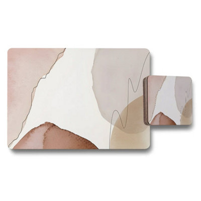B&Q -  Abstract Watercolor Placemats And Coaster Set In Neutral Tones