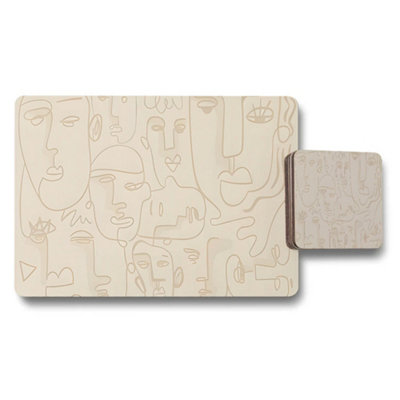 B&Q -  Beige Abstract Line Art Placemat Set With Coasters