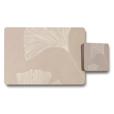 B&Q -  Beige Placemat And Coaster Set With White Leaf Design