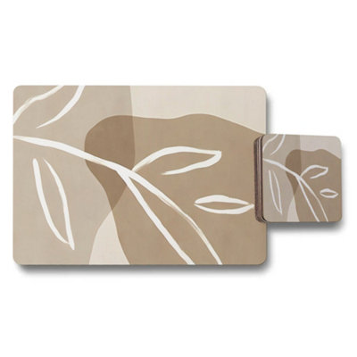B&Q -  Abstract Botanical Placemat And Coaster Set In Beige Taupe