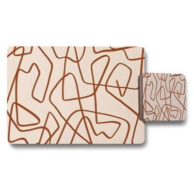 B&Q -  Abstract Line Art Placemat And Coaster Set Beige And Brown