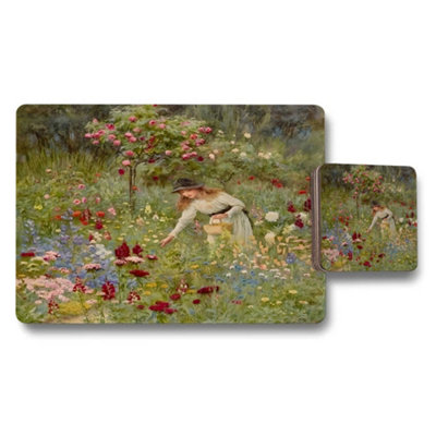 B&Q -  Impressionist Garden Scene Placemat Coaster Set With Flowers