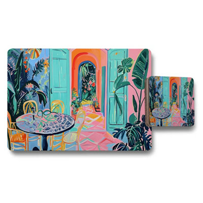 B&Q -  Colorful Tropical Cafe Placemats And Coasters Set With Lush Plants