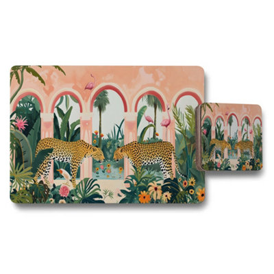 B&Q -  Leopard Jungle Arch Placemat And Coaster Set With Tropical Plants