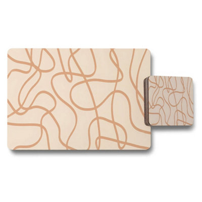 B&Q -  Abstract Squiggly Line Placemats And Coaster Set In Beige
