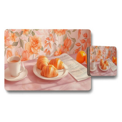 B&Q -  Floral Pink Placemat And Coaster Set With Peach Flower Pattern