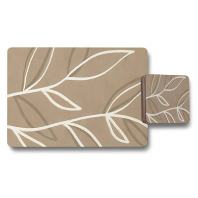Benjamin Tate Design Beige Leaf Pattern Placemat And Coaster Set With White Branches from B&Q