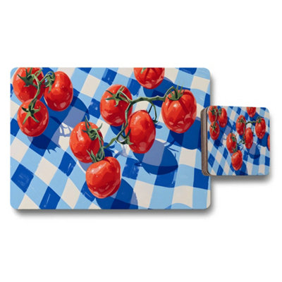 B&Q -  Cherry Tomatoes Placemats And Coaster Set With Blue Checkered Pattern