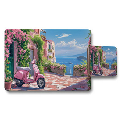 Benjamin Tate Design Pink Vespa Placemat And Coaster Set With Ocean View Terrace from B&Q