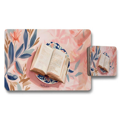 Benjamin Tate Design Pastel Floral Open Book Design Placemat And Coaster Set from B&Q