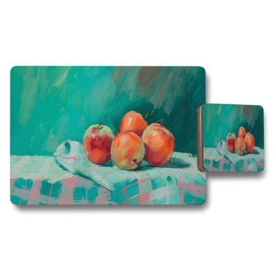 Benjamin Tate Design Apple Still Life Placemat And Coaster Set With Teal Background from B&Q