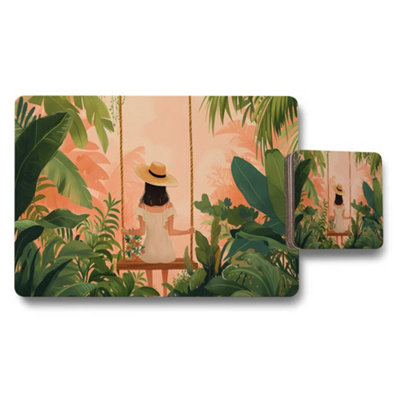 B&Q -  Tropical Jungle Placemats And Coaster Set With Swinging Woman Illustration