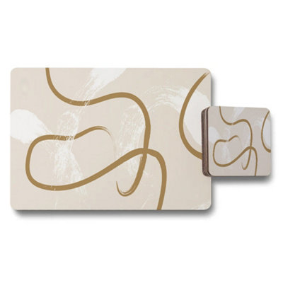 B&Q -  Abstract Gold Lines Placemats And Coaster Set Beige Modern Dinnerware