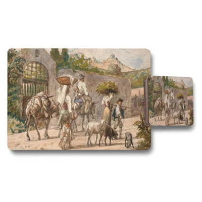 Benjamin Tate Design Artistic Placemats And Coasters Set With Rustic Travel Scene from B&Q