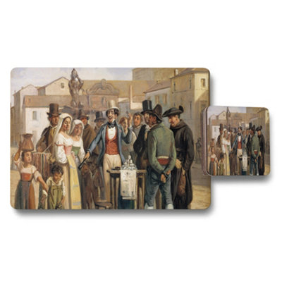 B&Q -  Vintage Market Scene Placemat And Coaster Set With Artwork