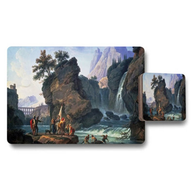 B&Q -  Waterfall Landscape Placemat And Coaster Set With Scenic River Art