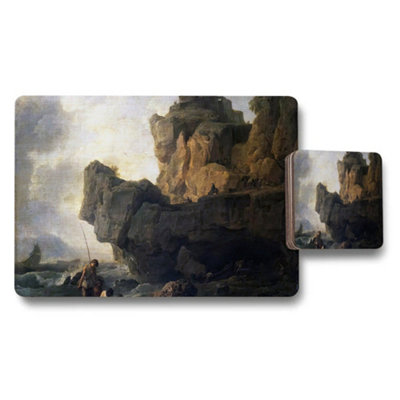 B&Q -  Coastal Cliff Landscape Placemat And Coaster Set With Seascape Art
