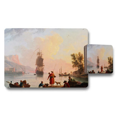B&Q -  Harbor Scene Placemats And Coaster Set With Nautical Painting
