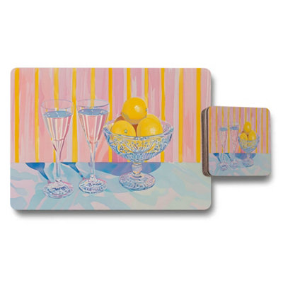 B&Q -  Pastel Still Life Placemat And Coaster Set With Lemon Glassware