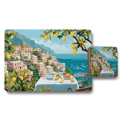 Benjamin Tate Design Mediterranean Coast Placemats And Coaster Set With Lemon Tree Scene from B&Q
