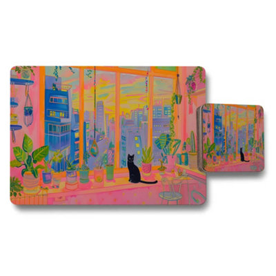Benjamin Tate Design Colorful Cityscape Plants Placemat Coaster Set With Cat from B&Q