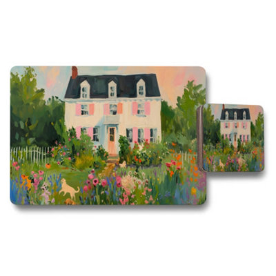 B&Q -  Floral Garden House Placemats And Coaster Set With Garden Scene
