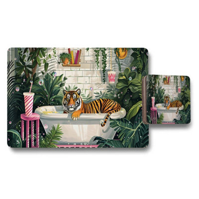 B&Q -  Tiger In Jungle Bathtub Placemat And Coaster Set With Lush Leaves