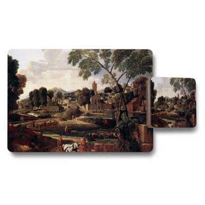 Benjamin Tate Design Vintage Landscape Placemats And Coasters Set With River Town Scene from B&Q