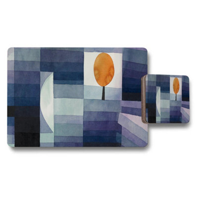 B&Q -  Geometric Blue Abstract Placemat And Coaster Set With Orange Sun