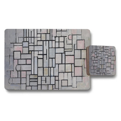 B&Q -  Geometric Mosaic Placemats And Coaster Set Gray Abstract Design