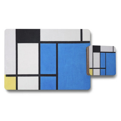 Benjamin Tate Design Mondrian Inspired Placemat And Coaster Set Blue White Black Yellow from B&Q
