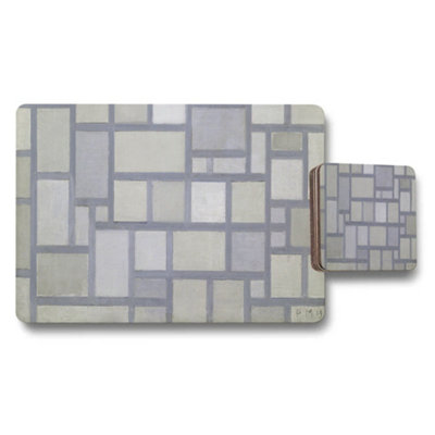 B&Q -  Geometric Rectangles Placemat And Coaster Set In Neutral Tones