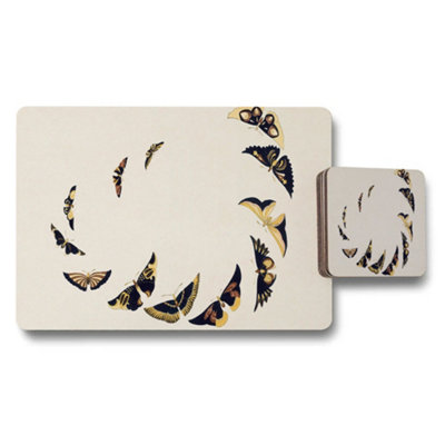 Benjamin Tate Design Butterfly Pattern Placemat And Coaster Set With Gold And Black Butterflies from B&Q