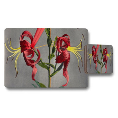 B&Q -  Red Lily Floral Placemat And Coaster Set With Gray Background